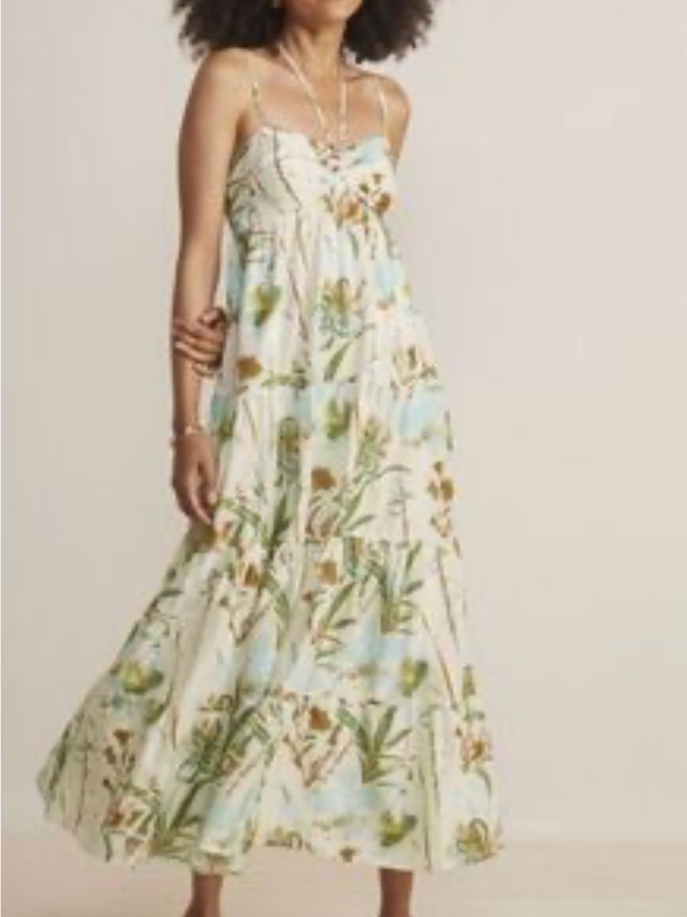 Vineyard Vines Floral Tiered Maxi Dress in Cream and Light Blue